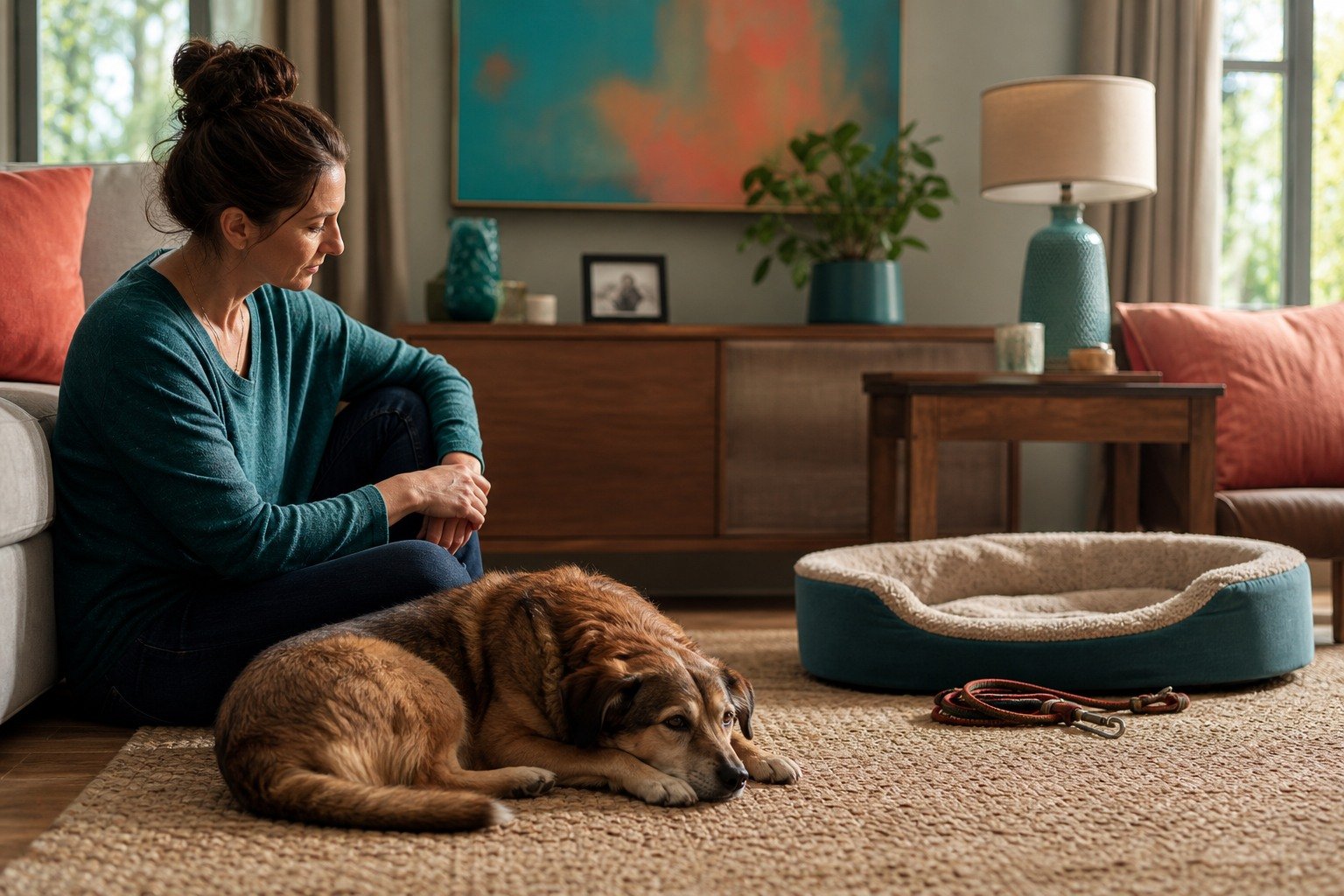 An owner offers quiet presence to a resting dog beside an empty familiar bed and leash after the loss of an animal companion.