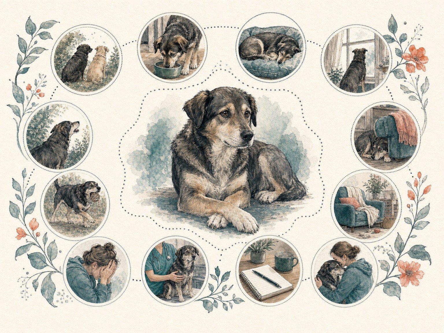 A text-free uncertainty map connects companion relationship, eating, sleep, play, searching, fear, routine change, owner emotion, medical review, stable care, and observation.
