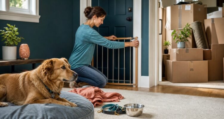 An owner secures a quiet gated room with familiar bedding and water while moving boxes remain outside an anxious dog's safe zone.