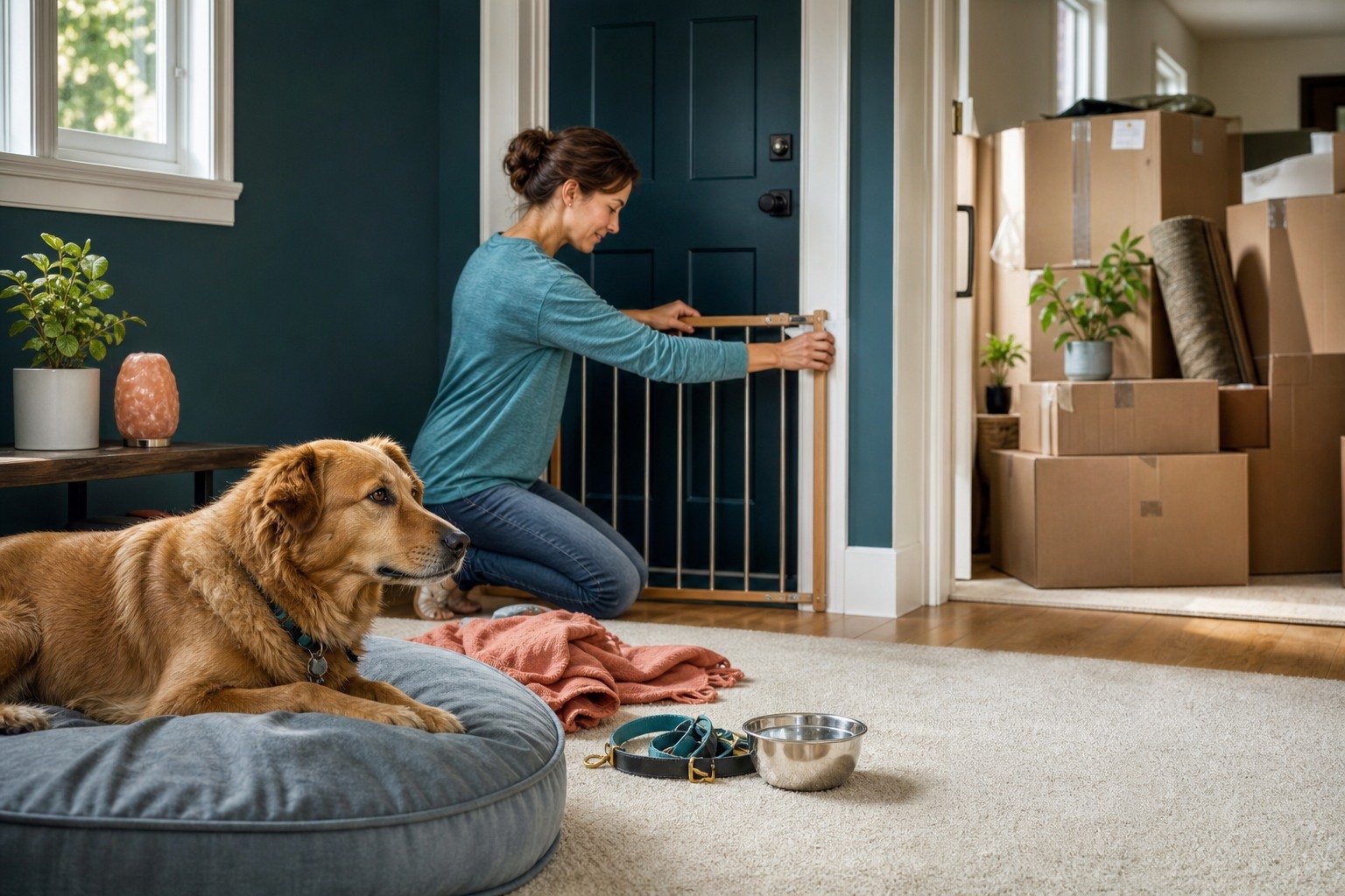 An owner secures a quiet gated room with familiar bedding and water while moving boxes remain outside an anxious dog's safe zone.