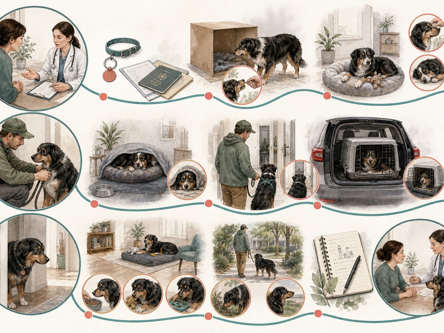 A text-free three-phase moving plan shows veterinary preparation, identification, gradual packing, secure moving-day handling, transport, familiar setup, walks, behavior logs, and follow-up.