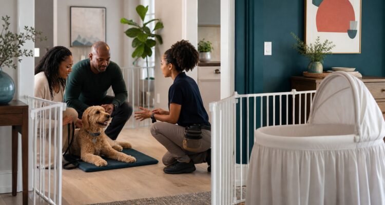 Expectant parents plan a gated dog rest area with a veterinary behavior professional before a new baby arrives.
