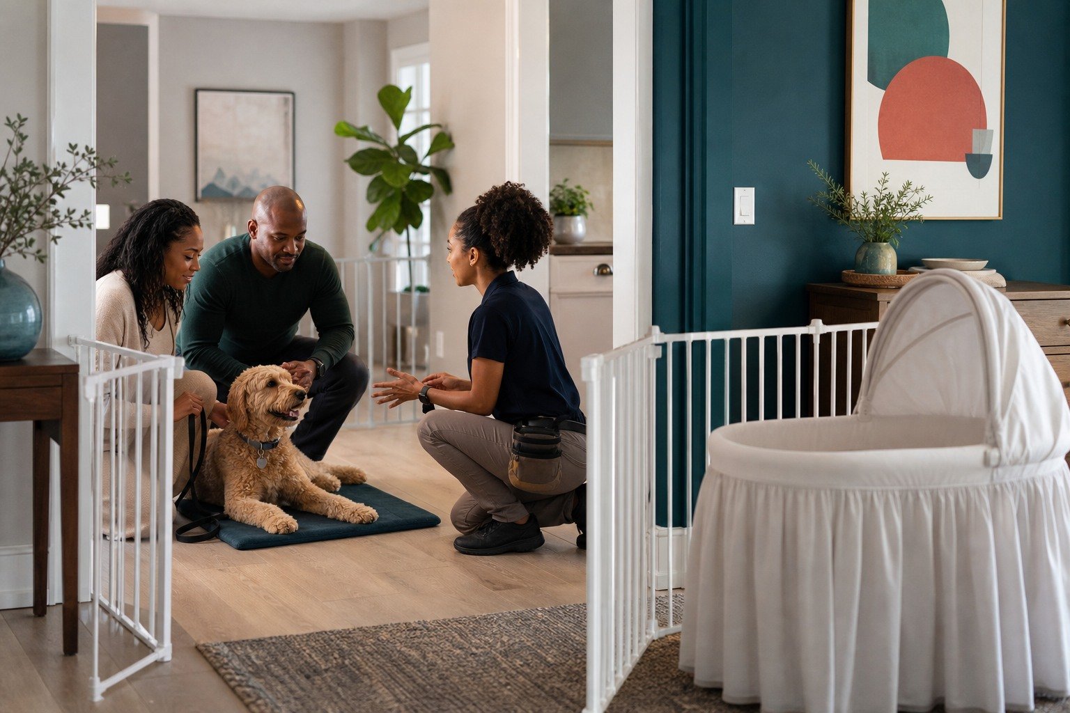 Expectant parents plan a gated dog rest area with a veterinary behavior professional before a new baby arrives.