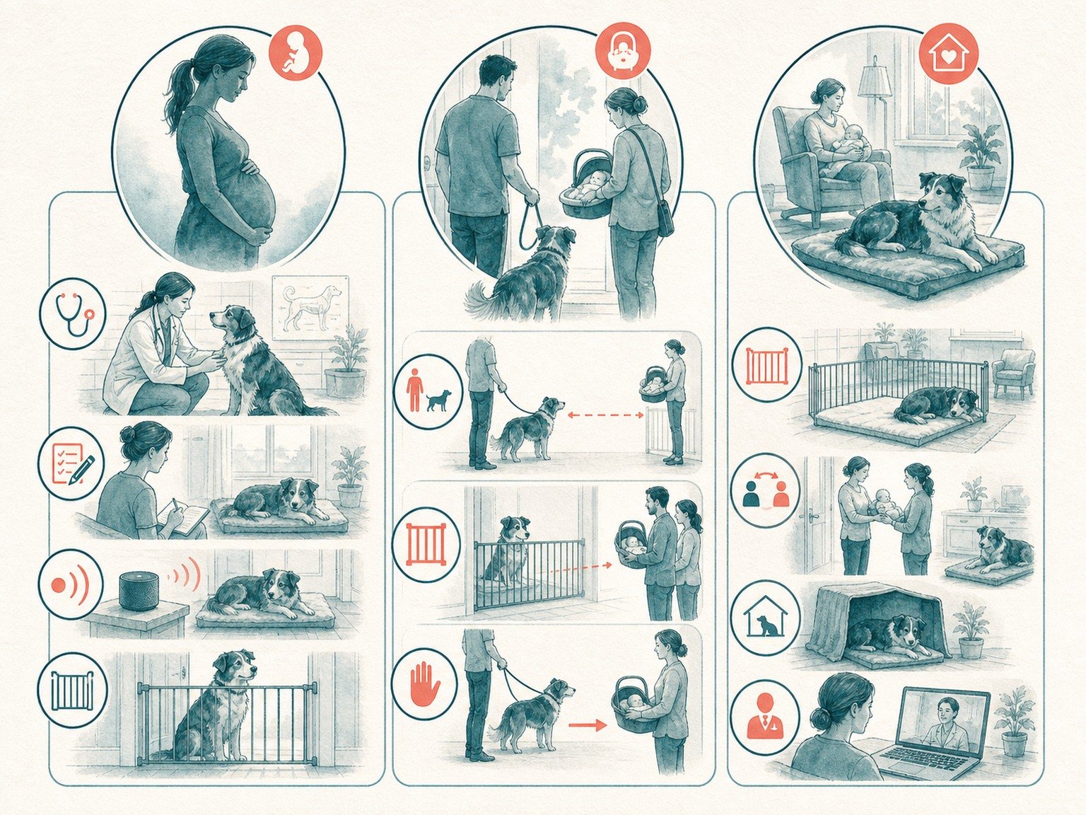A text-free transition plan shows prenatal veterinary preparation, barriers, calm baby-sound practice, supervised distance, dog rest space, and follow-up.