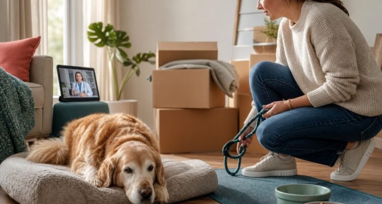 An owner supports a gray-muzzled senior dog beside familiar bedding and moving boxes during a veterinary video consultation.
