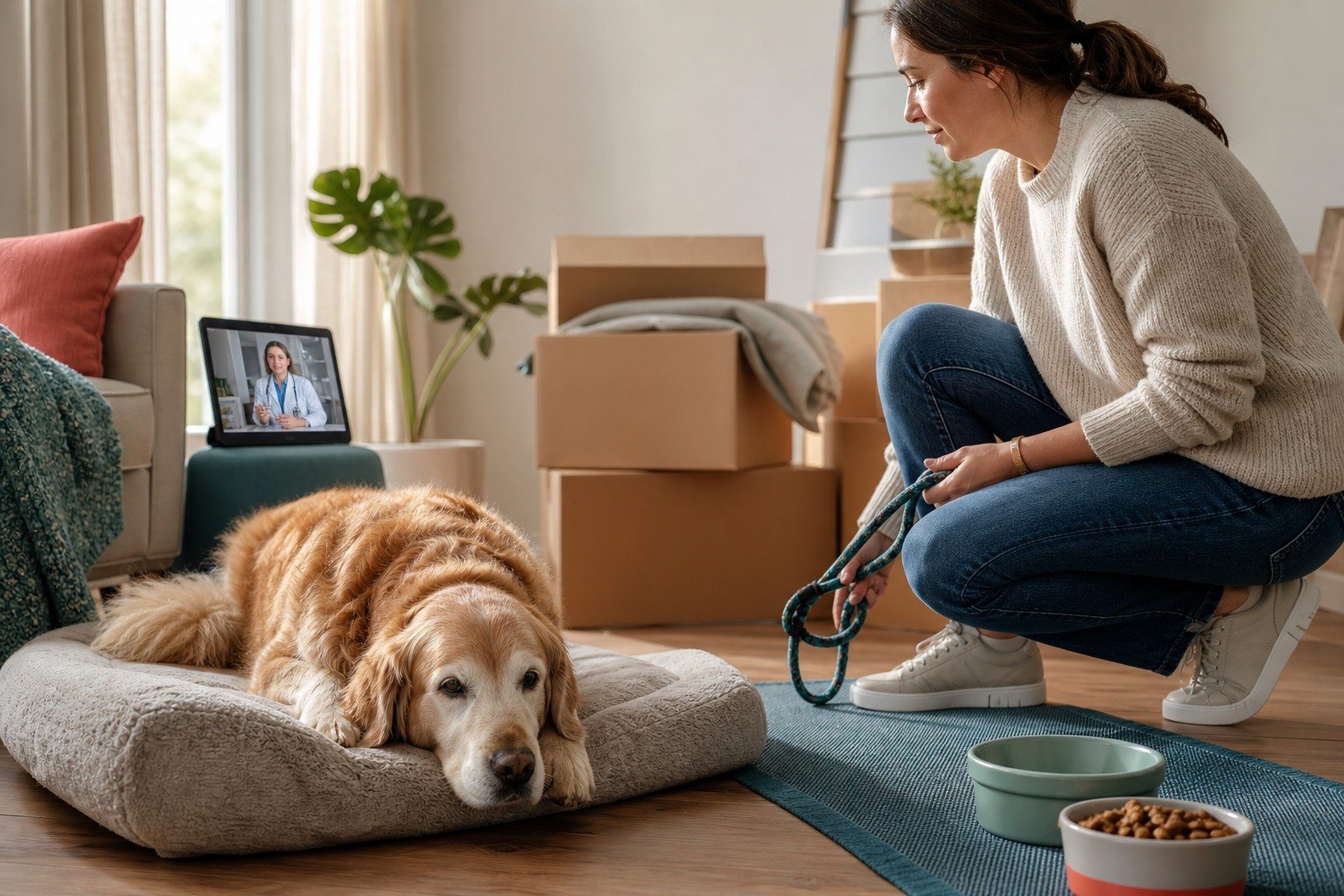 An owner supports a gray-muzzled senior dog beside familiar bedding and moving boxes during a veterinary video consultation.