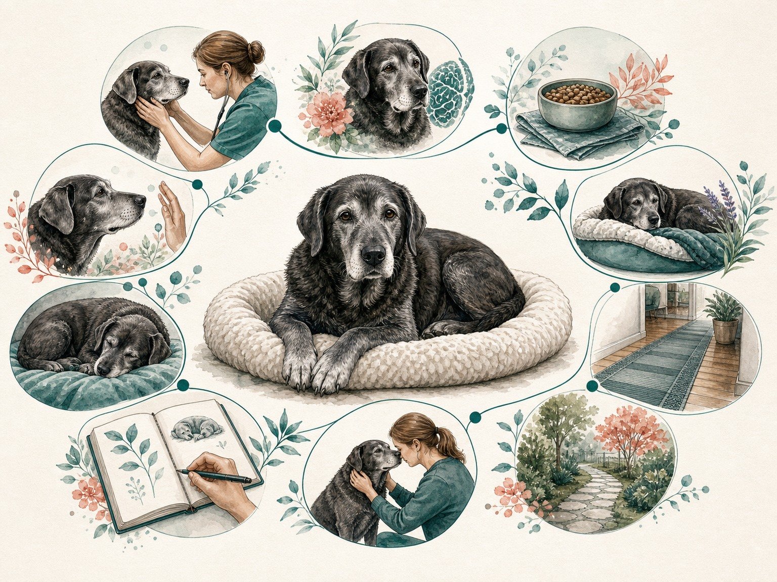 A text-free senior transition map connects veterinary assessment, familiar routines, accessible rest, nutrition, movement, observation, and reassessment.