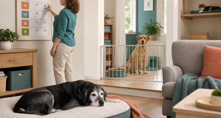 A senior dog rests on an accessible bed while a younger dog and cat use separate gated household zones and an owner checks a care board.