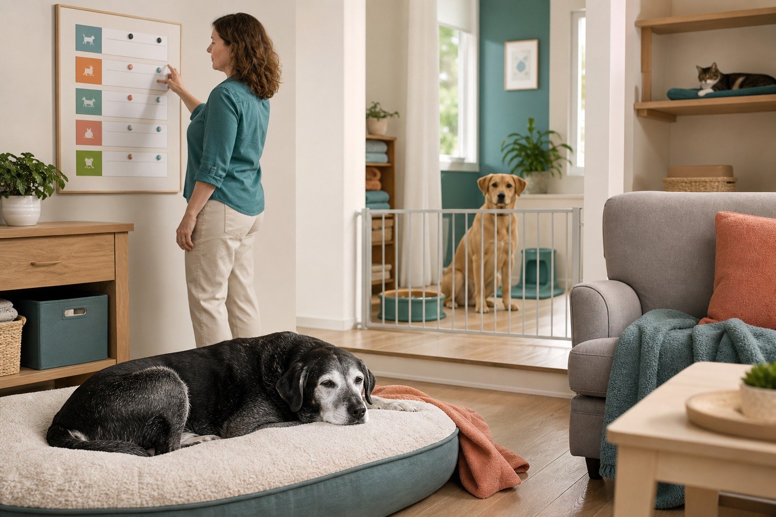 A senior dog rests on an accessible bed while a younger dog and cat use separate gated household zones and an owner checks a care board.
