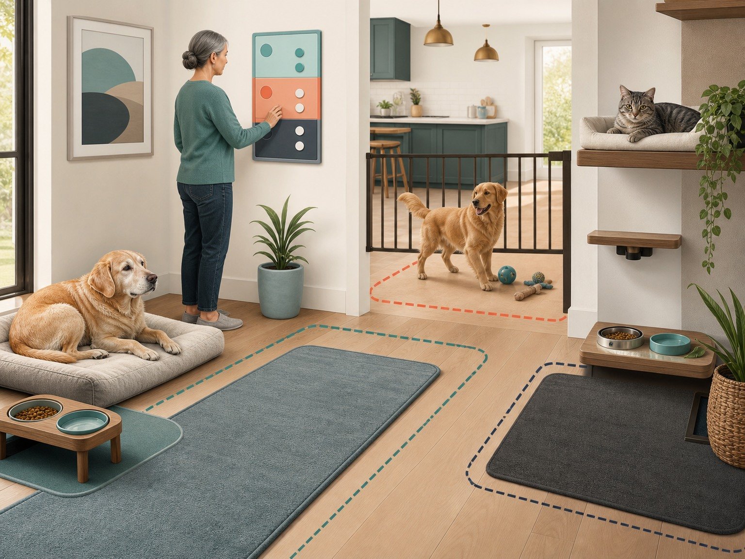 A text-free household zoning illustration shows separate senior-dog rest and feeding, younger-dog activity, and elevated cat resources.
