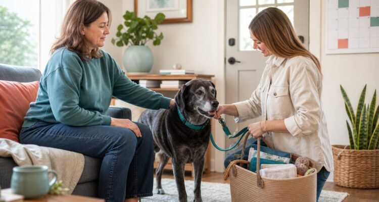 A trusted family member takes over a senior dog's leash and care basket while the primary caregiver rests nearby.
