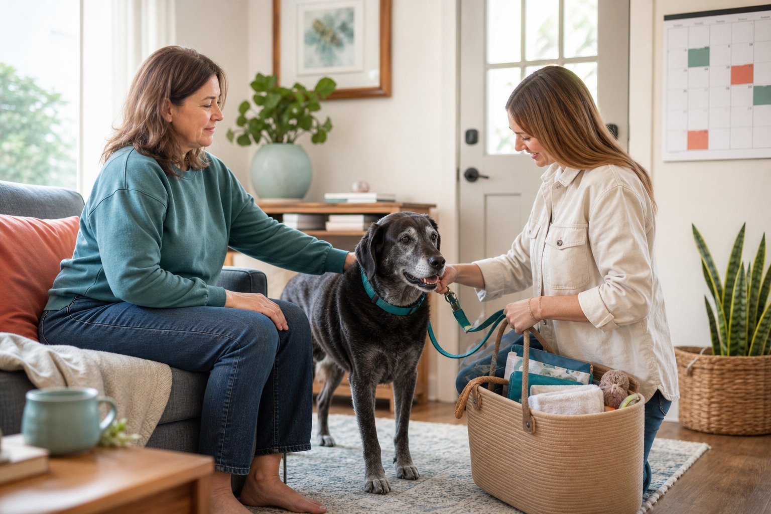 A trusted family member takes over a senior dog's leash and care basket while the primary caregiver rests nearby.