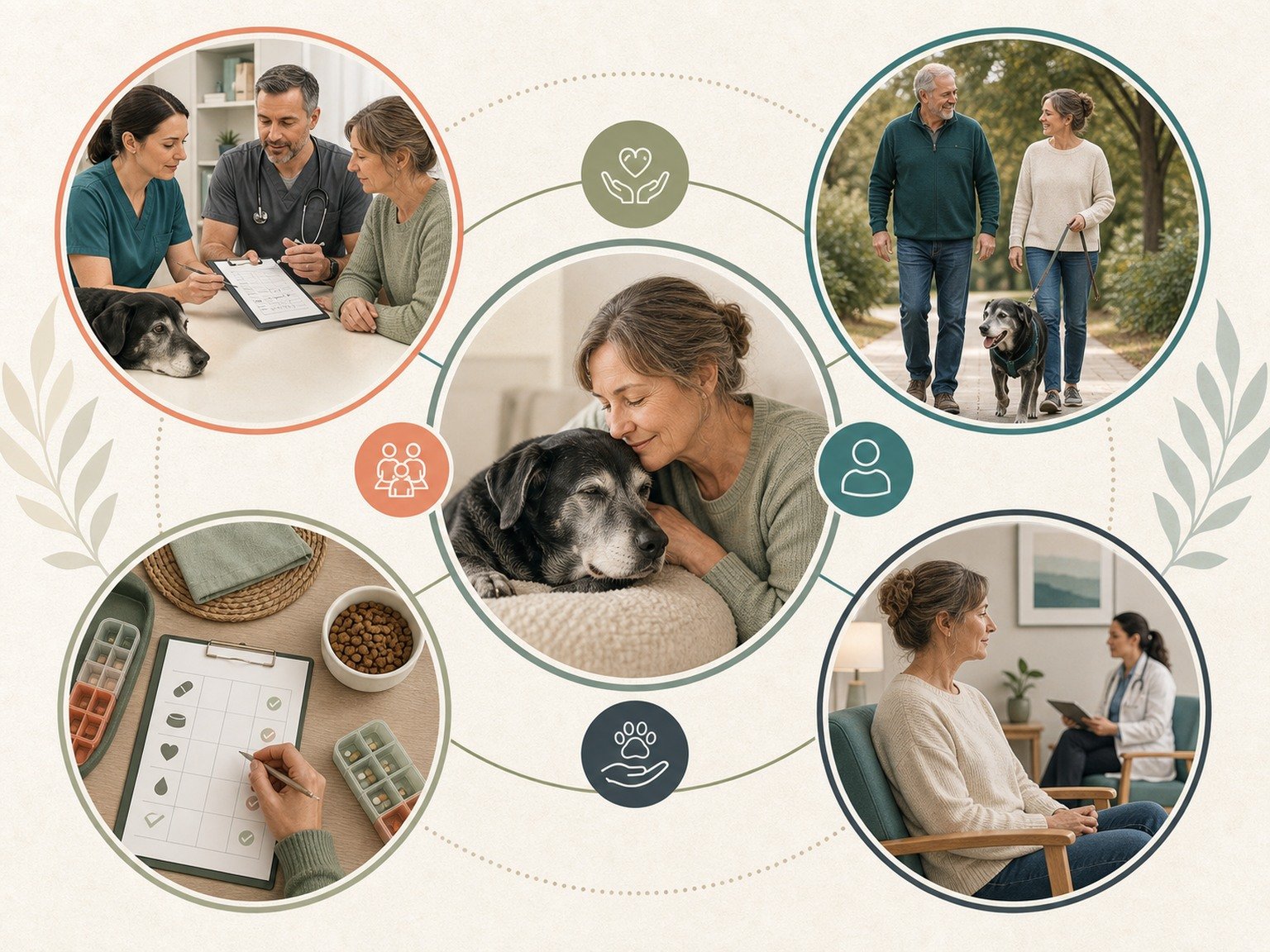 A text-free caregiver support map connects the senior dog and owner with veterinary planning, shared walks, organized care tasks, and human healthcare.