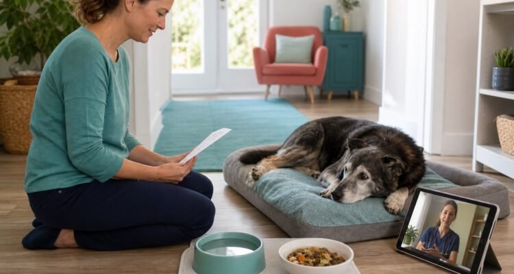 An owner reviews discharge instructions beside a resting senior dog, accessible food and water, a nonslip route, and a veterinarian on a tablet.