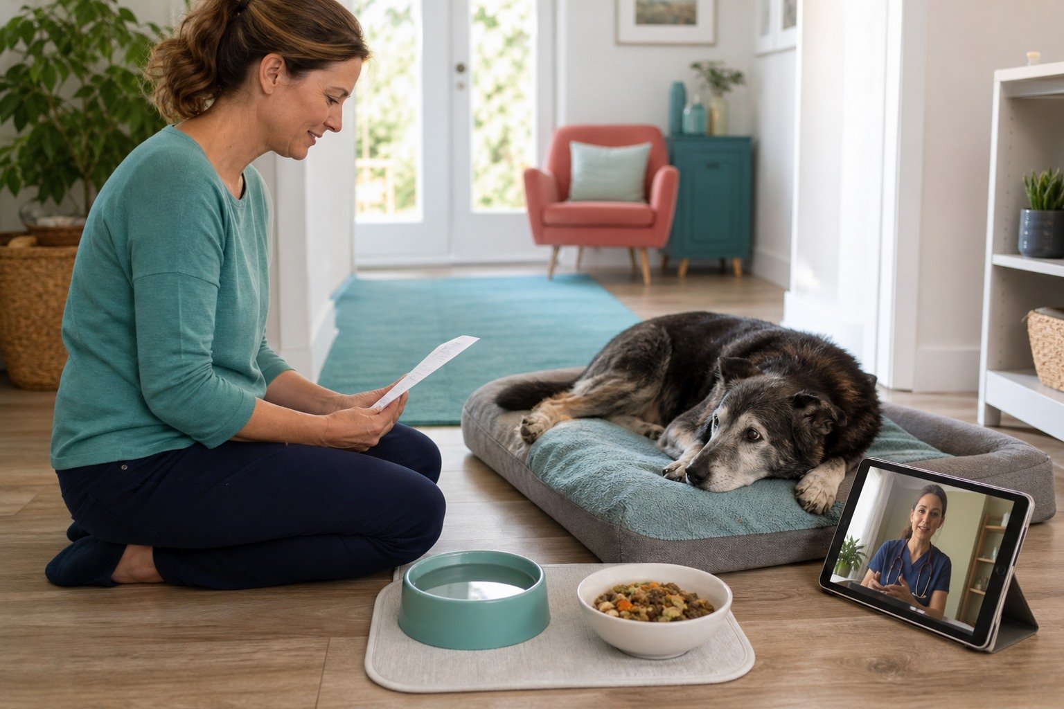 An owner reviews discharge instructions beside a resting senior dog, accessible food and water, a nonslip route, and a veterinarian on a tablet.