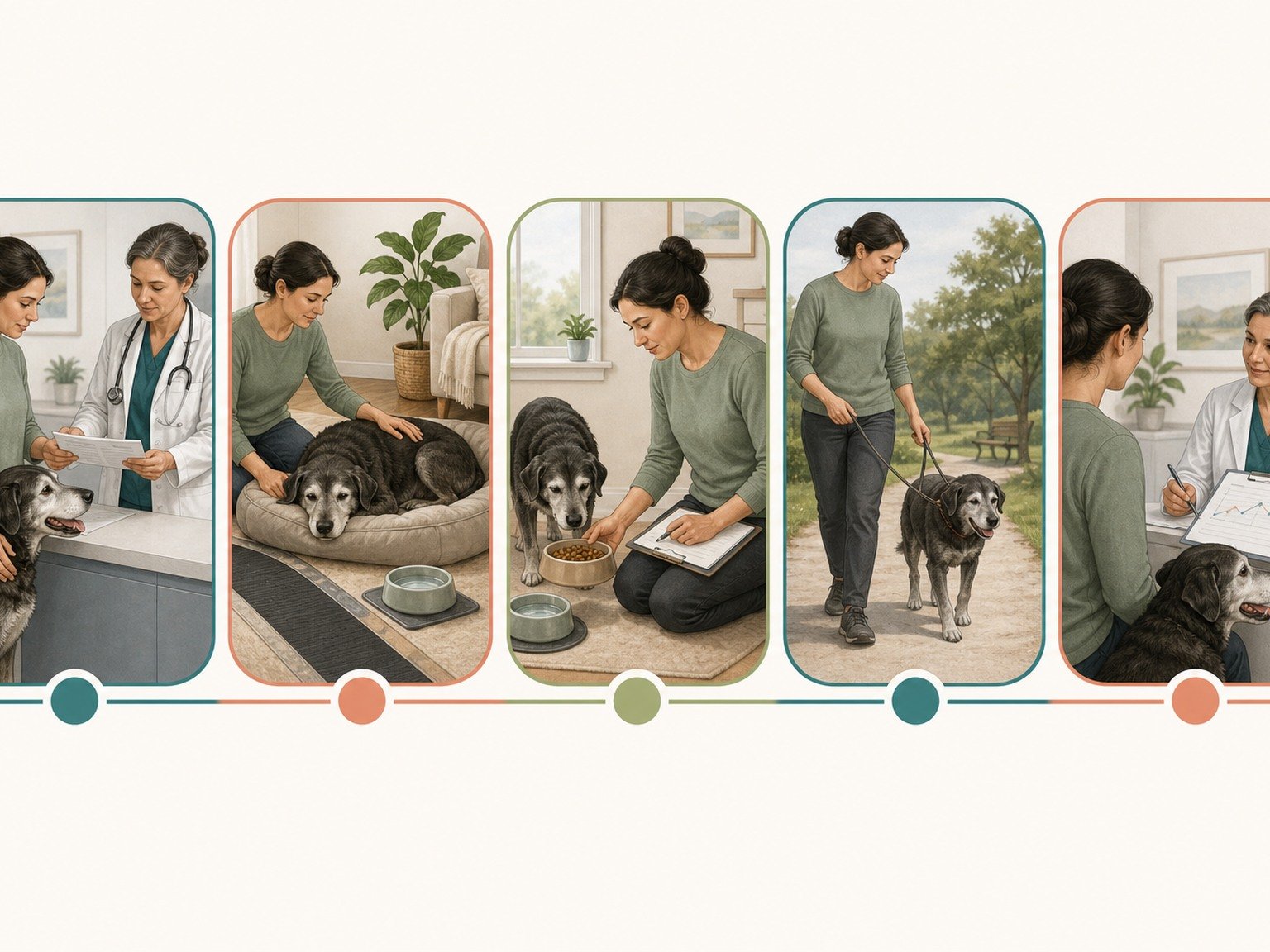 A text-free recovery cycle shows veterinary discharge, accessible rest, measured meals and hydration, gentle cleared movement, and reassessment.