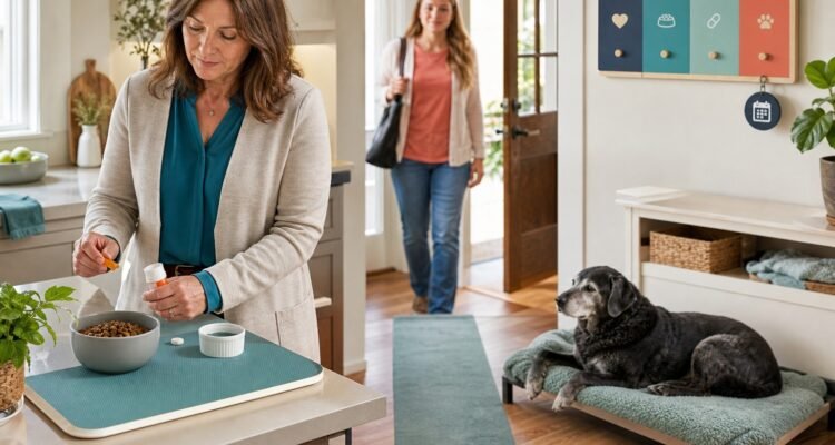 A busy owner completes a senior dog's measured morning care as a trusted backup caregiver arrives for a planned handoff.