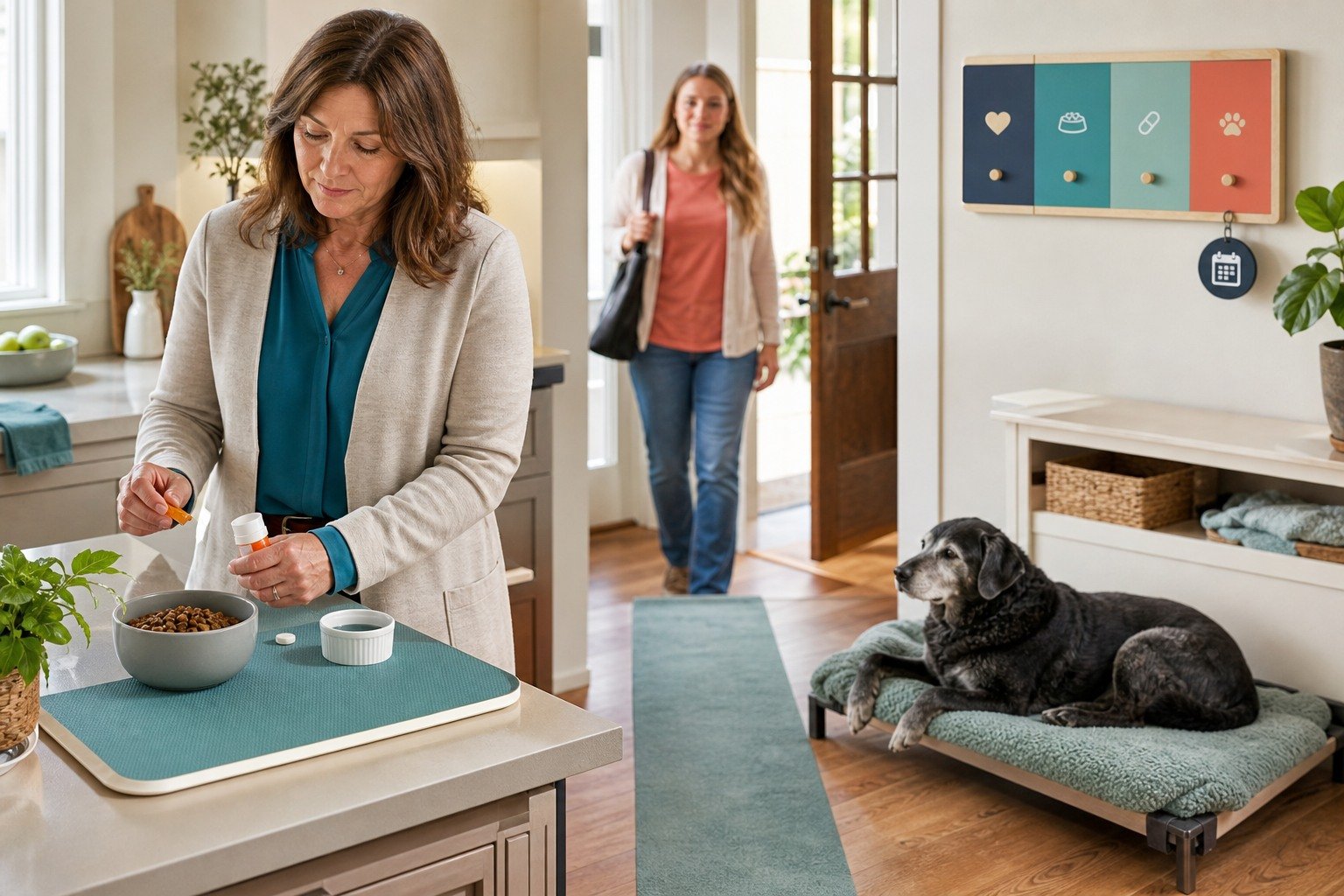 A busy owner completes a senior dog's measured morning care as a trusted backup caregiver arrives for a planned handoff.