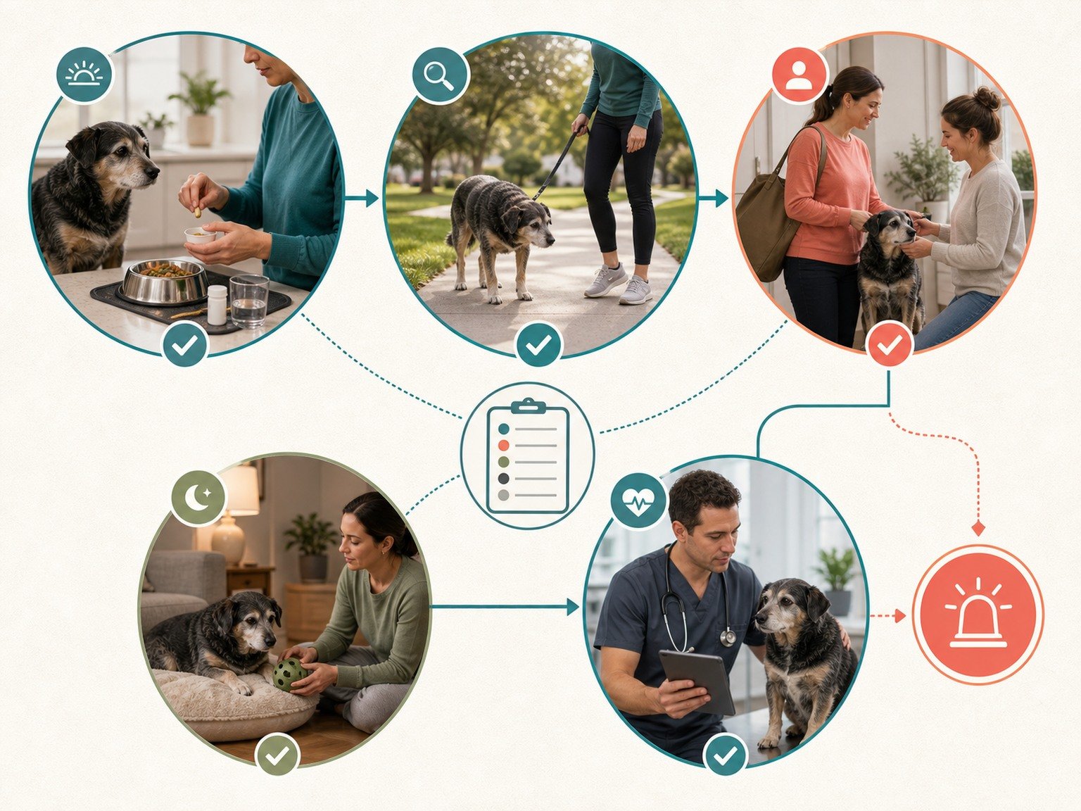 A text-free weekly workflow connects morning care, mobility observation, caregiver handoff, evening enrichment, veterinary review, and an emergency backup.