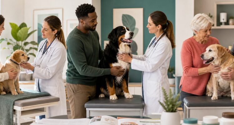 Veterinarians assess a puppy, an adult dog, and a gray-muzzled senior while generic closed supplements remain secondary to nutrition and examination.