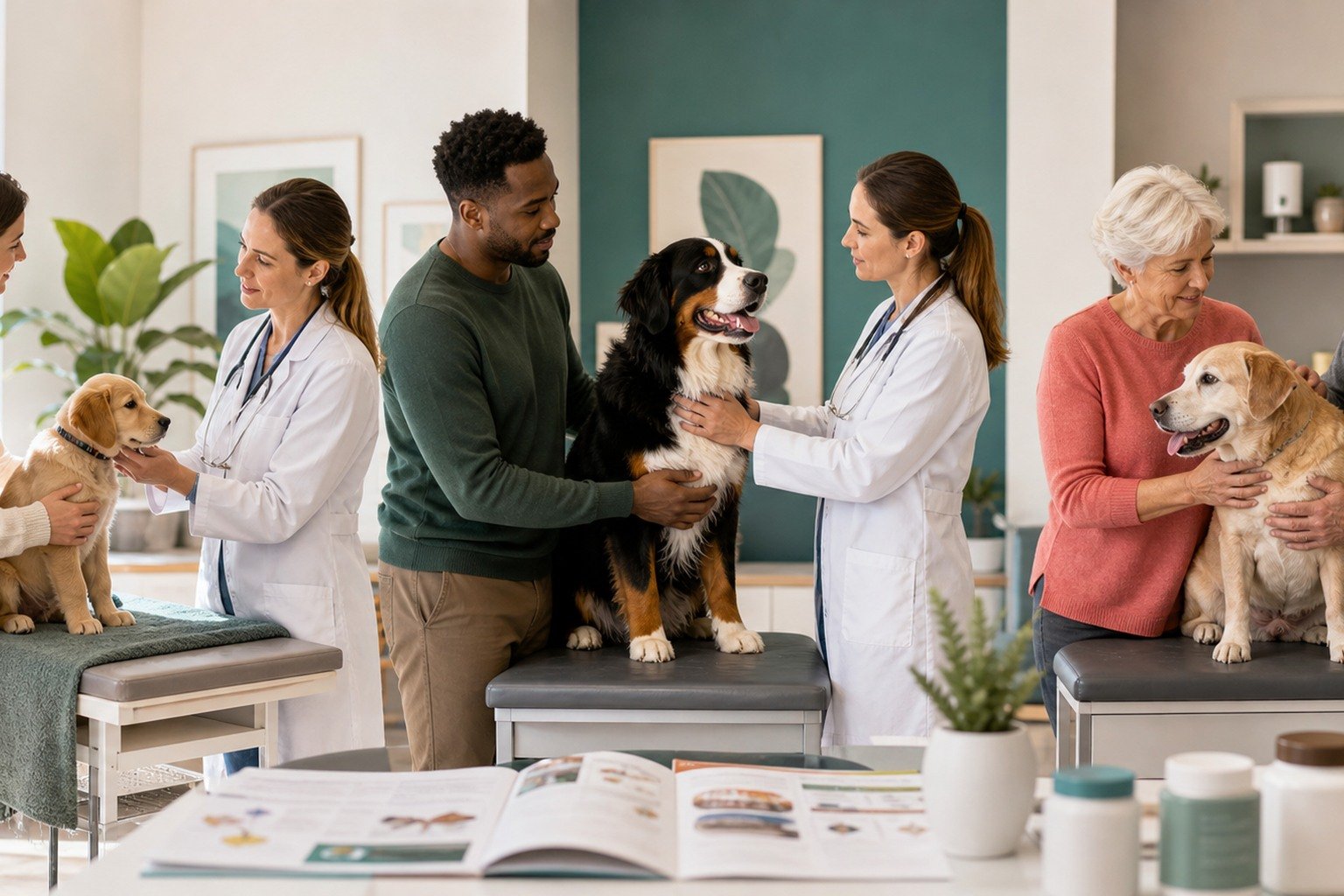 Veterinarians assess a puppy, an adult dog, and a gray-muzzled senior while generic closed supplements remain secondary to nutrition and examination.