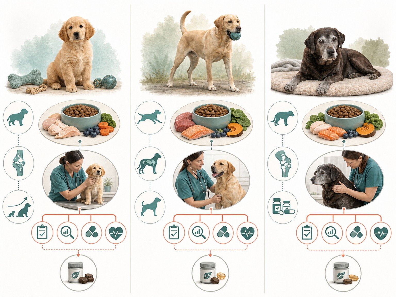 A text-free life-stage decision framework places complete food and veterinary assessment before evidence, interaction, monitoring, and an optional supplement.