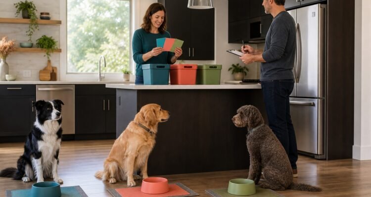 Three dogs wait at separate color-coded feeding stations while two caregivers verify individual closed storage bins and care cards.