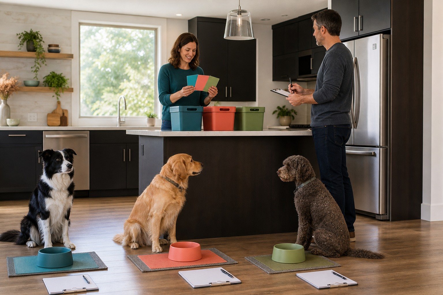 Three dogs wait at separate color-coded feeding stations while two caregivers verify individual closed storage bins and care cards.