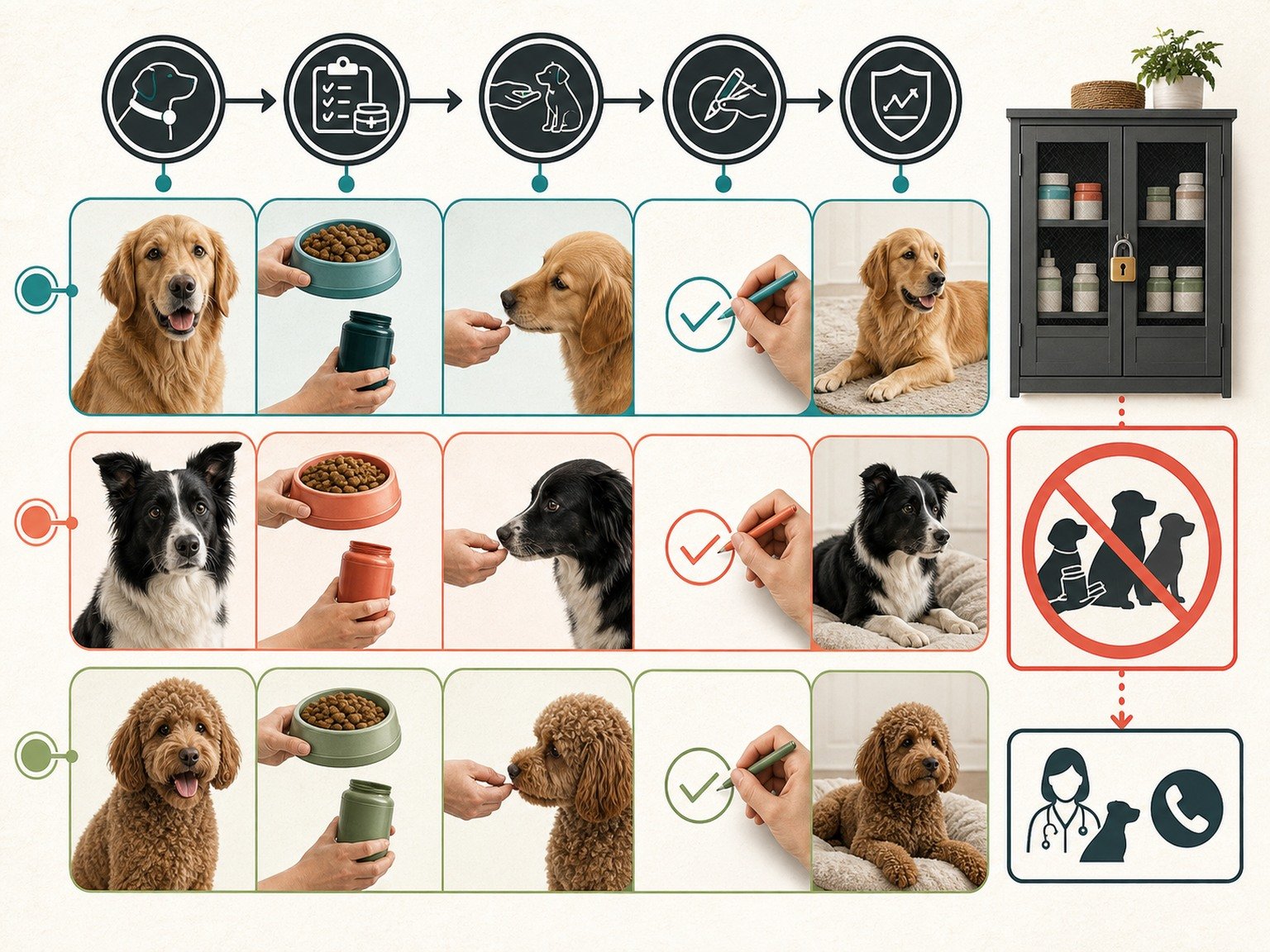 A text-free three-dog workflow shows identity, individual diet review, one-at-a-time administration, sign-off, monitoring, locked storage, and an emergency contact branch.