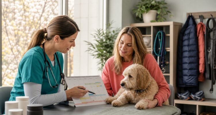 A veterinarian and owner review a dog's year-round symptom and routine calendar while closed generic products remain secondary.