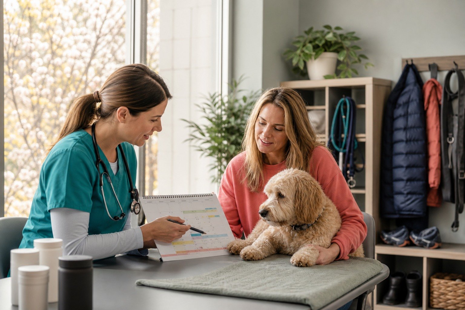 A veterinarian and owner review a dog's year-round symptom and routine calendar while closed generic products remain secondary.