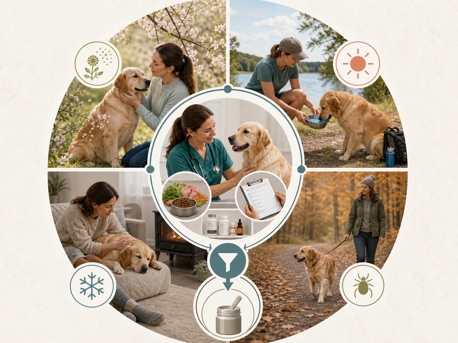 A text-free year map connects spring skin observations, summer heat safety, autumn parasite review, winter mobility, and a central veterinary decision gate.