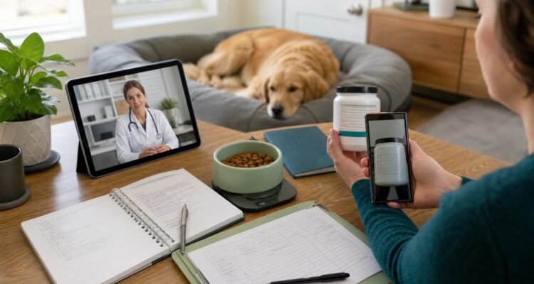 An owner photographs a generic product label and records diet, treatment, and observations during a veterinary video consultation.