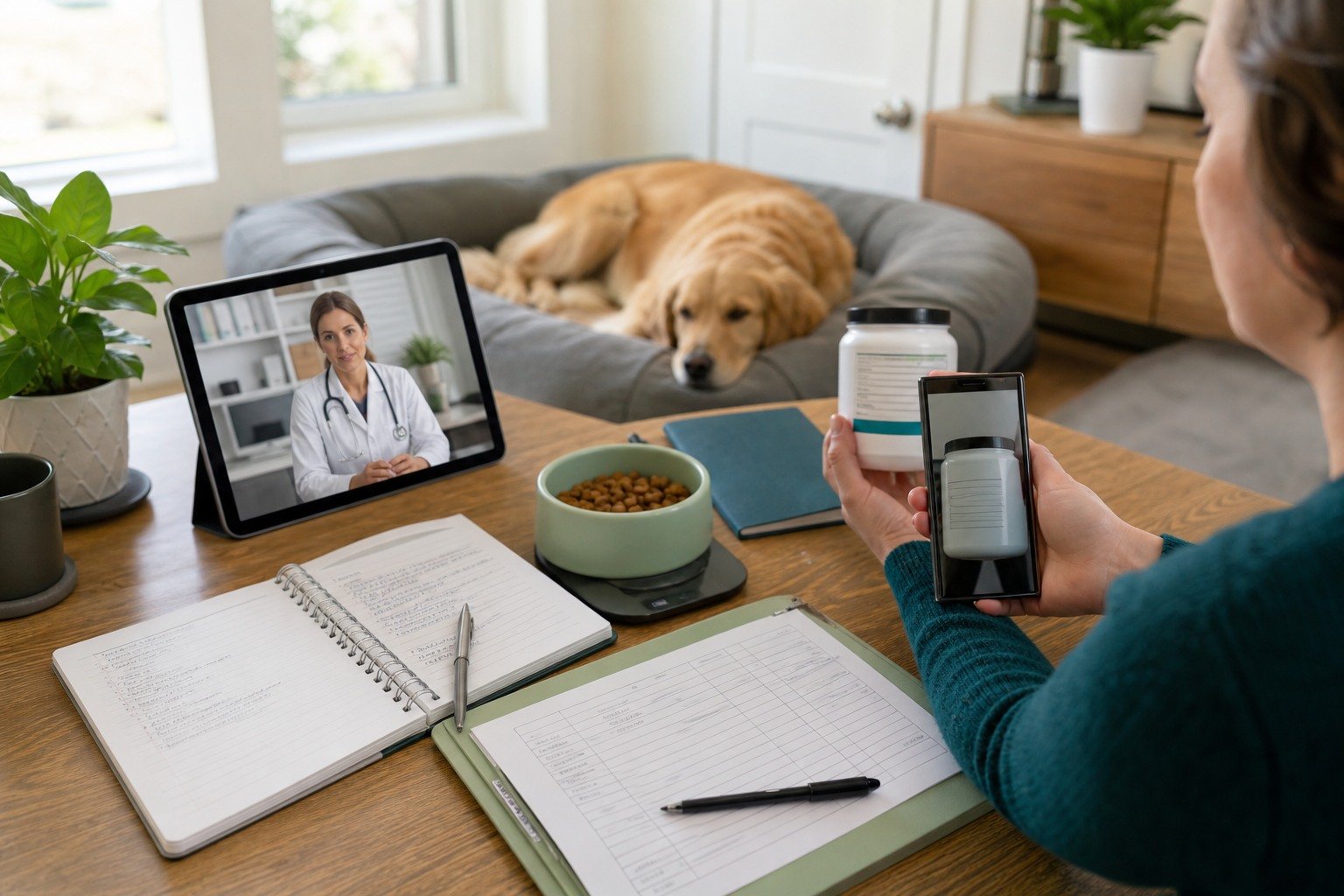 An owner photographs a generic product label and records diet, treatment, and observations during a veterinary video consultation.