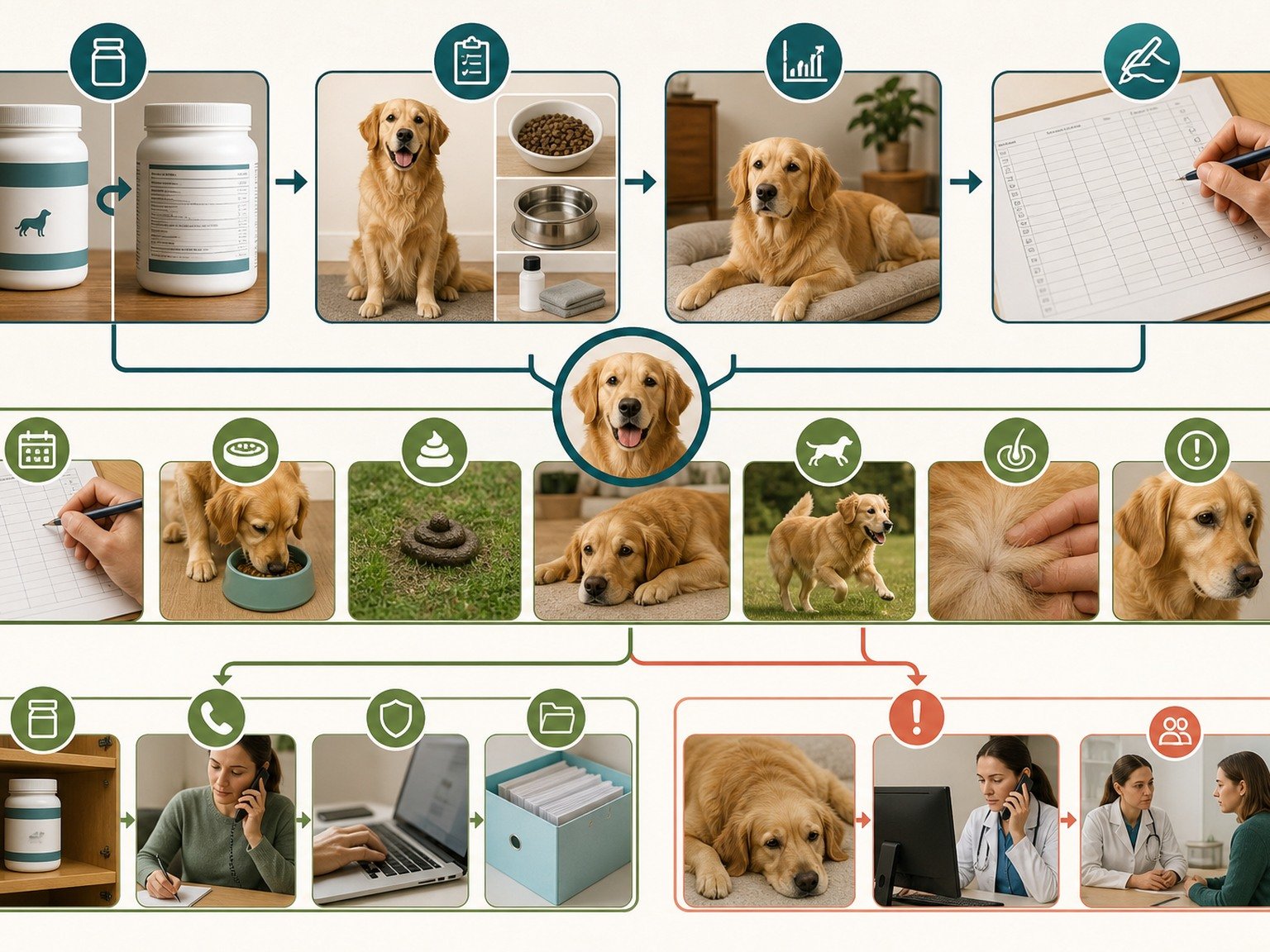 A text-free evidence trail connects product panels, dog and diet identity, baseline, sign-off, response monitoring, safe storage, and adverse-event contacts.