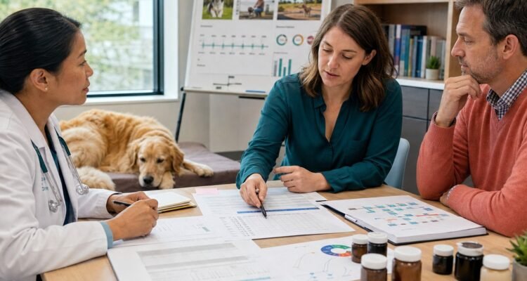 A veterinary research team reviews a transparent canine study protocol, sample plan, laboratory records, and adverse-event chart without product branding.
