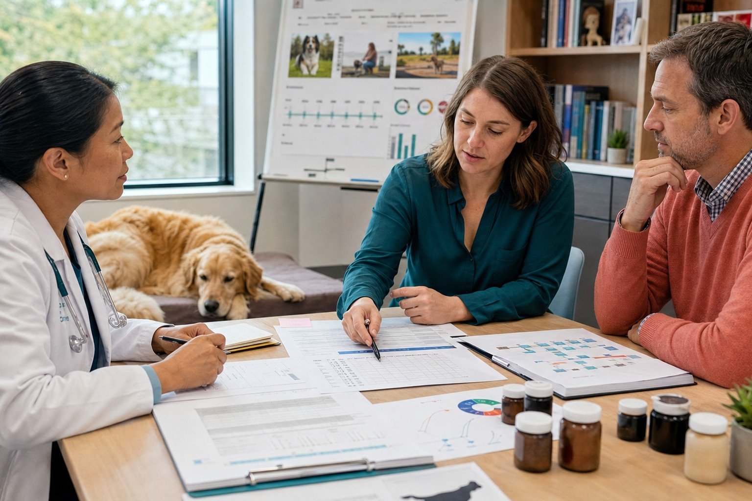 A veterinary research team reviews a transparent canine study protocol, sample plan, laboratory records, and adverse-event chart without product branding.