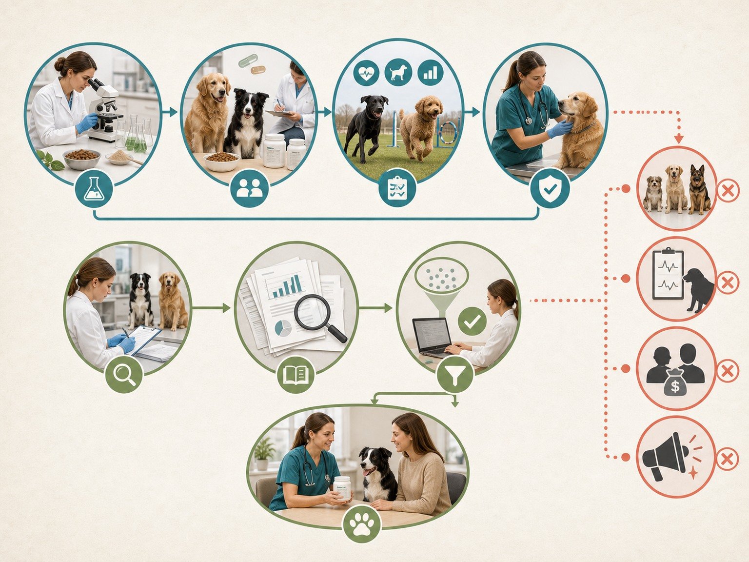 A text-free evidence pathway moves from product identity and preregistered question through comparison groups, canine outcomes, adverse events, replication, and veterinary application.