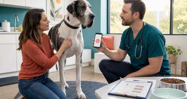 A veterinarian examines a calm deep-chested large dog while the owner shares a meal, stool, and symptom record in a bright clinic.