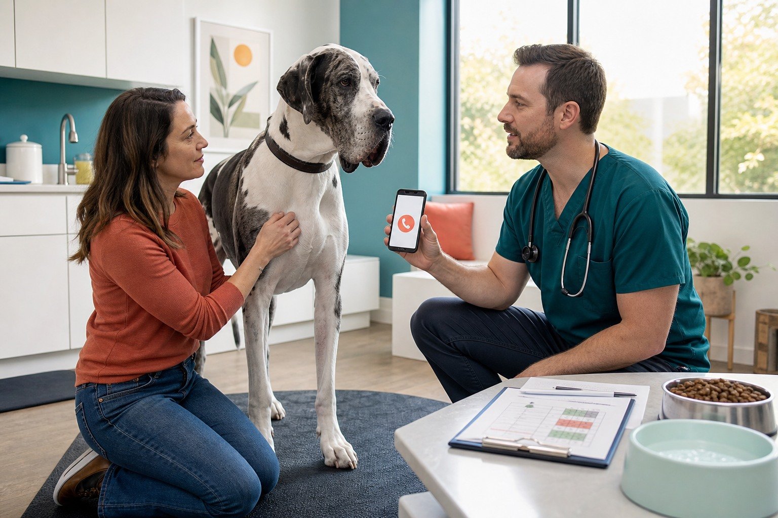 A veterinarian examines a calm deep-chested large dog while the owner shares a meal, stool, and symptom record in a bright clinic.