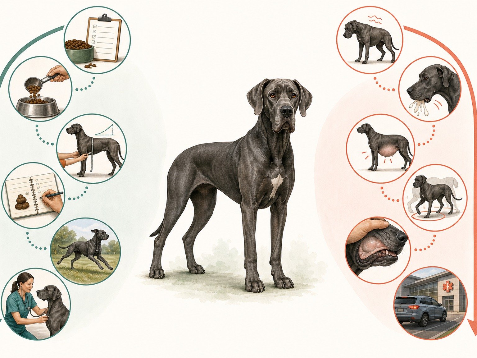 A text-free large-dog care pathway connects measured complete meals, calm feeding, body condition, stool tracking, emergency GDV signs, and veterinary planning.
