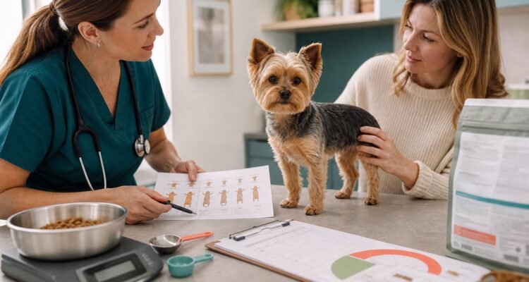 A veterinarian gently examines a small dog on a stable nonslip table while the owner presents measured meal and symptom notes.