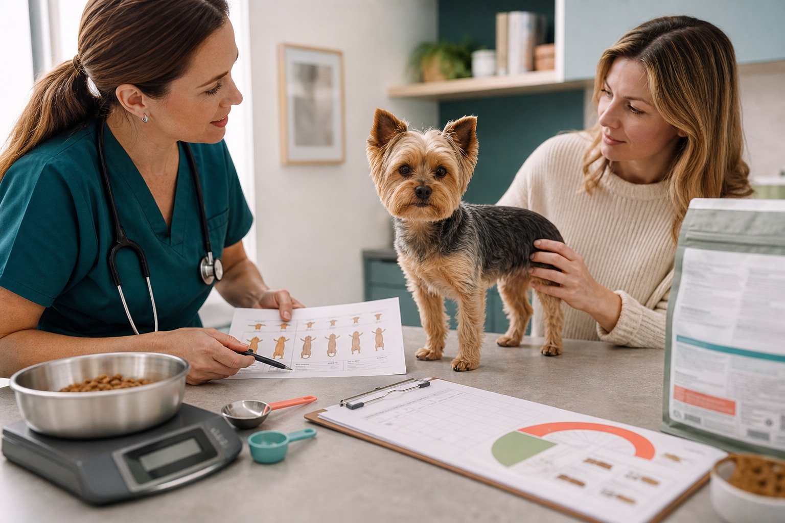 A veterinarian gently examines a small dog on a stable nonslip table while the owner presents measured meal and symptom notes.