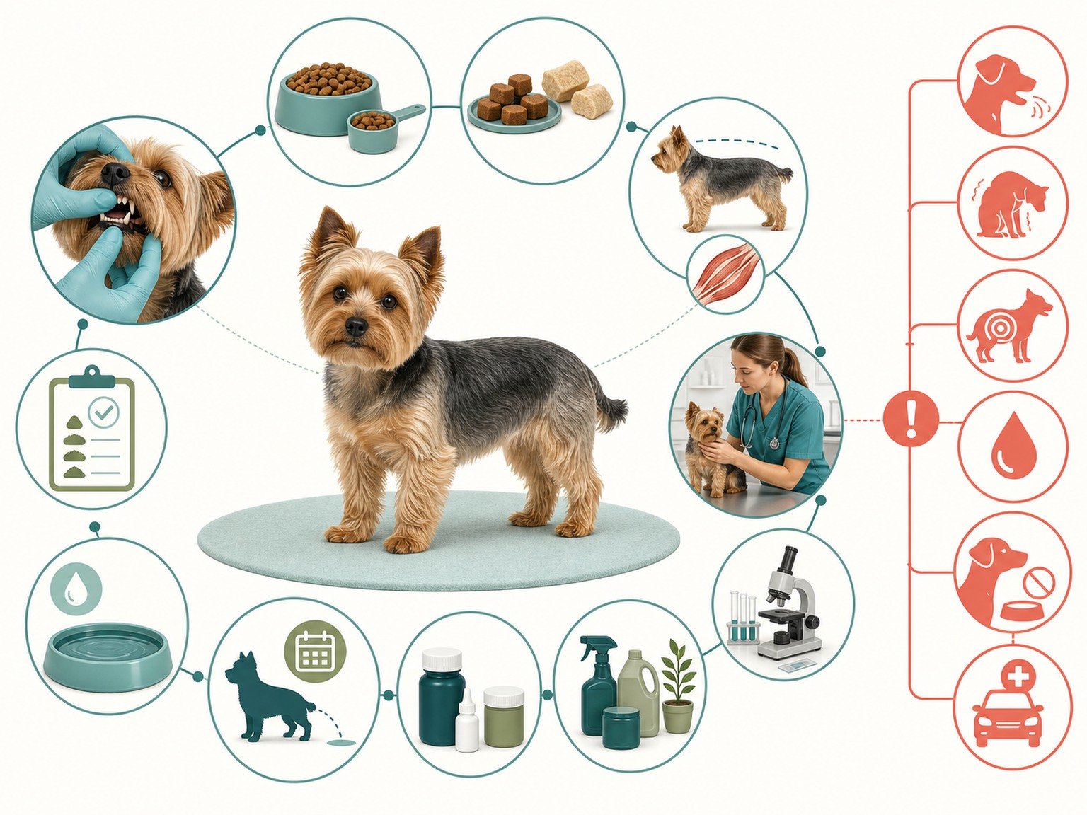 A text-free small-dog routine connects a gram scale, complete food, dental and body checks, stool and vomit tracking, secure storage, and veterinary contact.