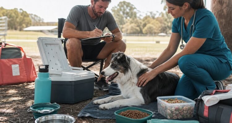 A fit working dog rests in shade after controlled exercise while a handler checks recovery, water access, and a training log.