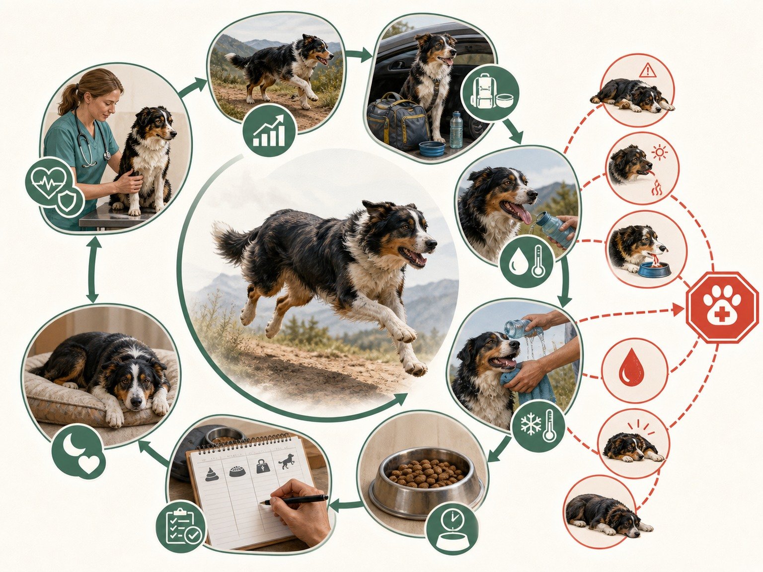 A text-free sport-dog cycle connects baseline examination, progressive training, measured meals, hydration access, heat checks, stool tracking, recovery, and veterinary review.