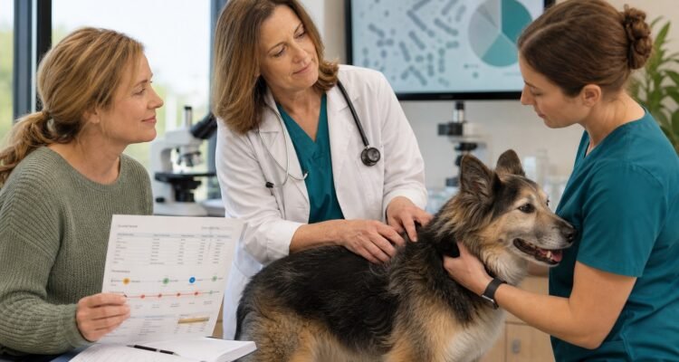 A veterinary dermatologist examines a dog's skin and coat while the owner shares diet, stool, itch, ear, and treatment records.