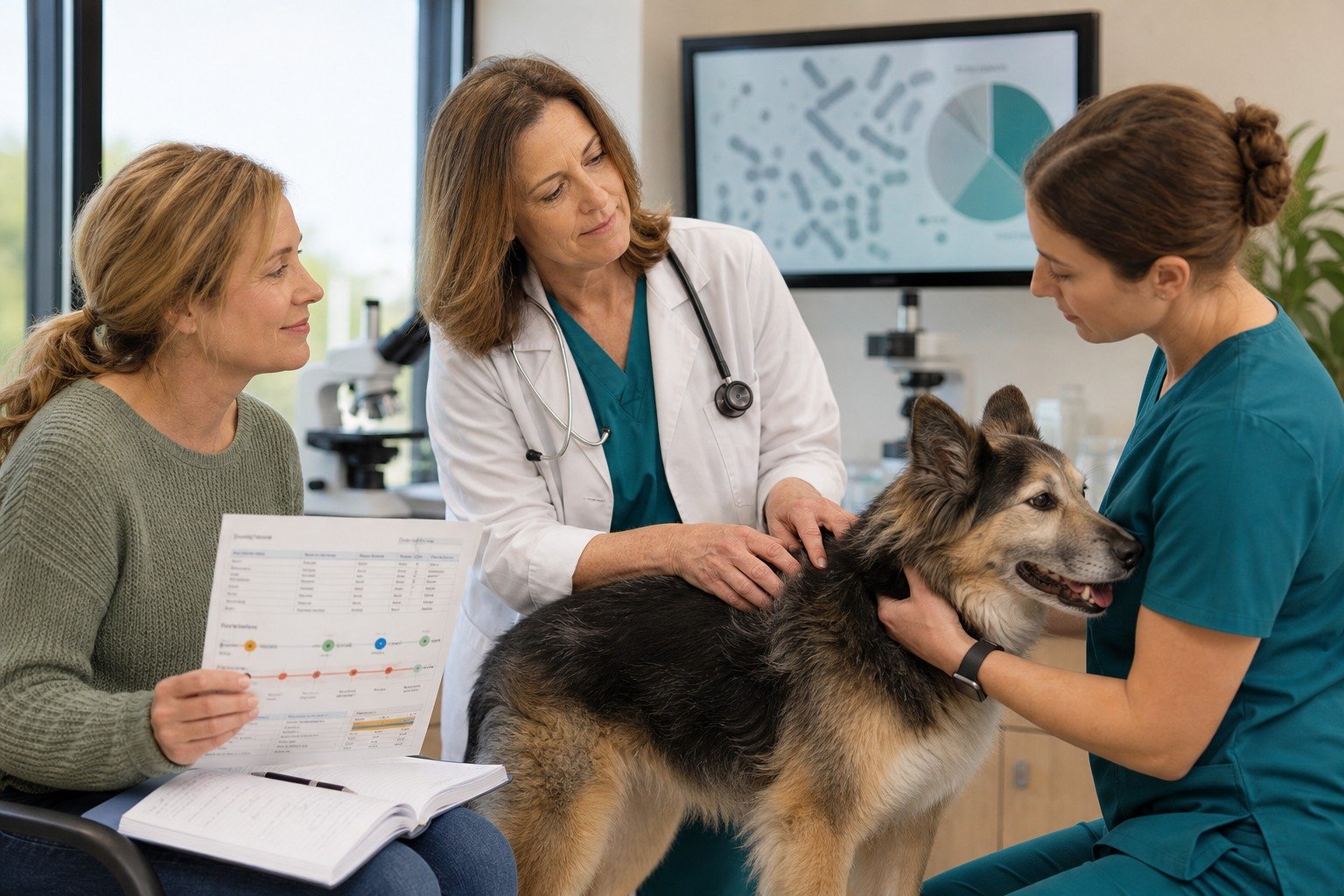A veterinary dermatologist examines a dog's skin and coat while the owner shares diet, stool, itch, ear, and treatment records.