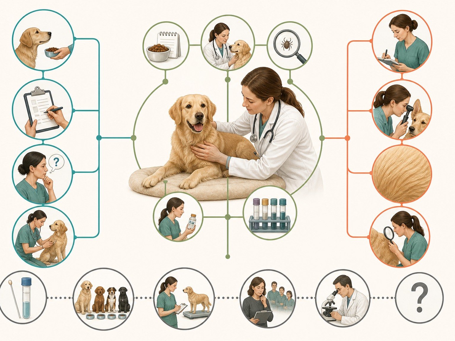 A text-free diagnostic pathway separates skin barrier, parasites, infection, allergy, diet, gastrointestinal signs, microbiome research, and veterinary reassessment.