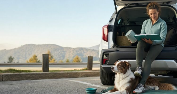 A dog rests on a travel mat beside an open vehicle while the owner checks a food container, route plan, and veterinary travel folder.